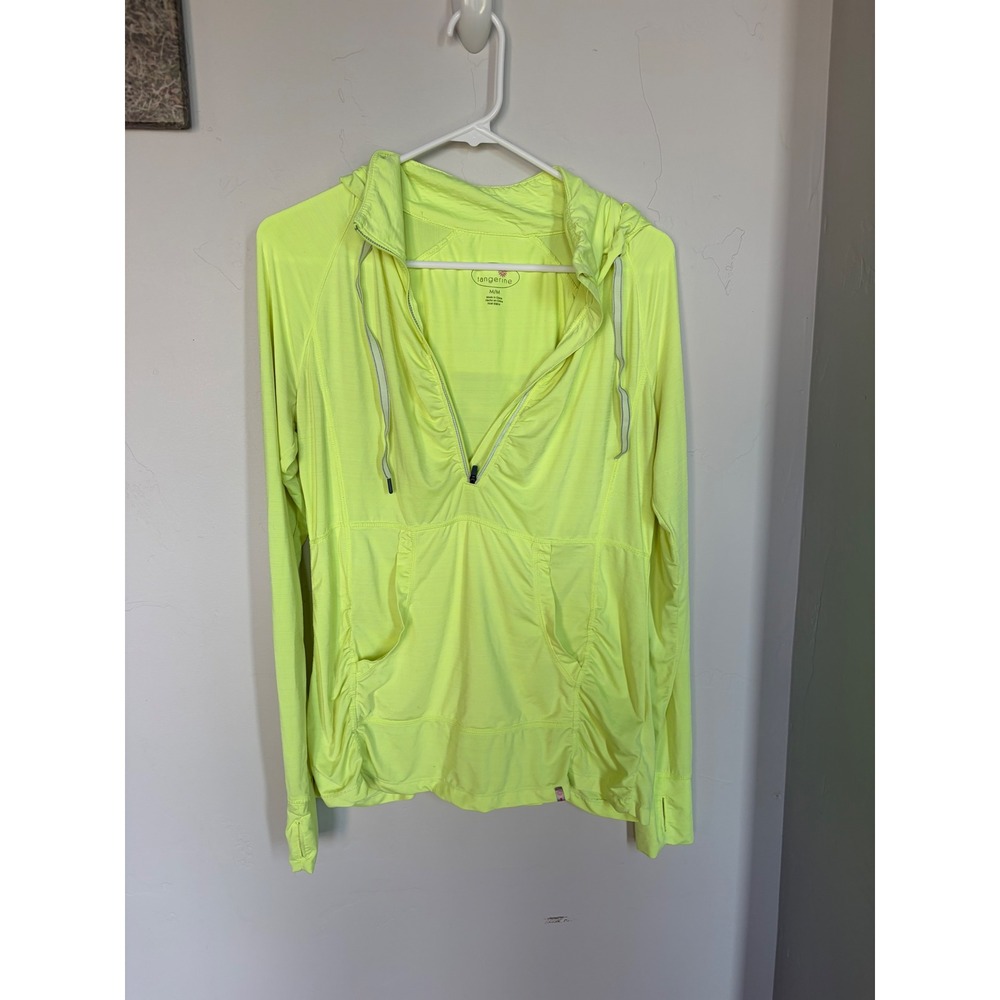 Tangerine Womens Neon Yellow Quarter Zip Hooded Running Top Medium Thumbholes